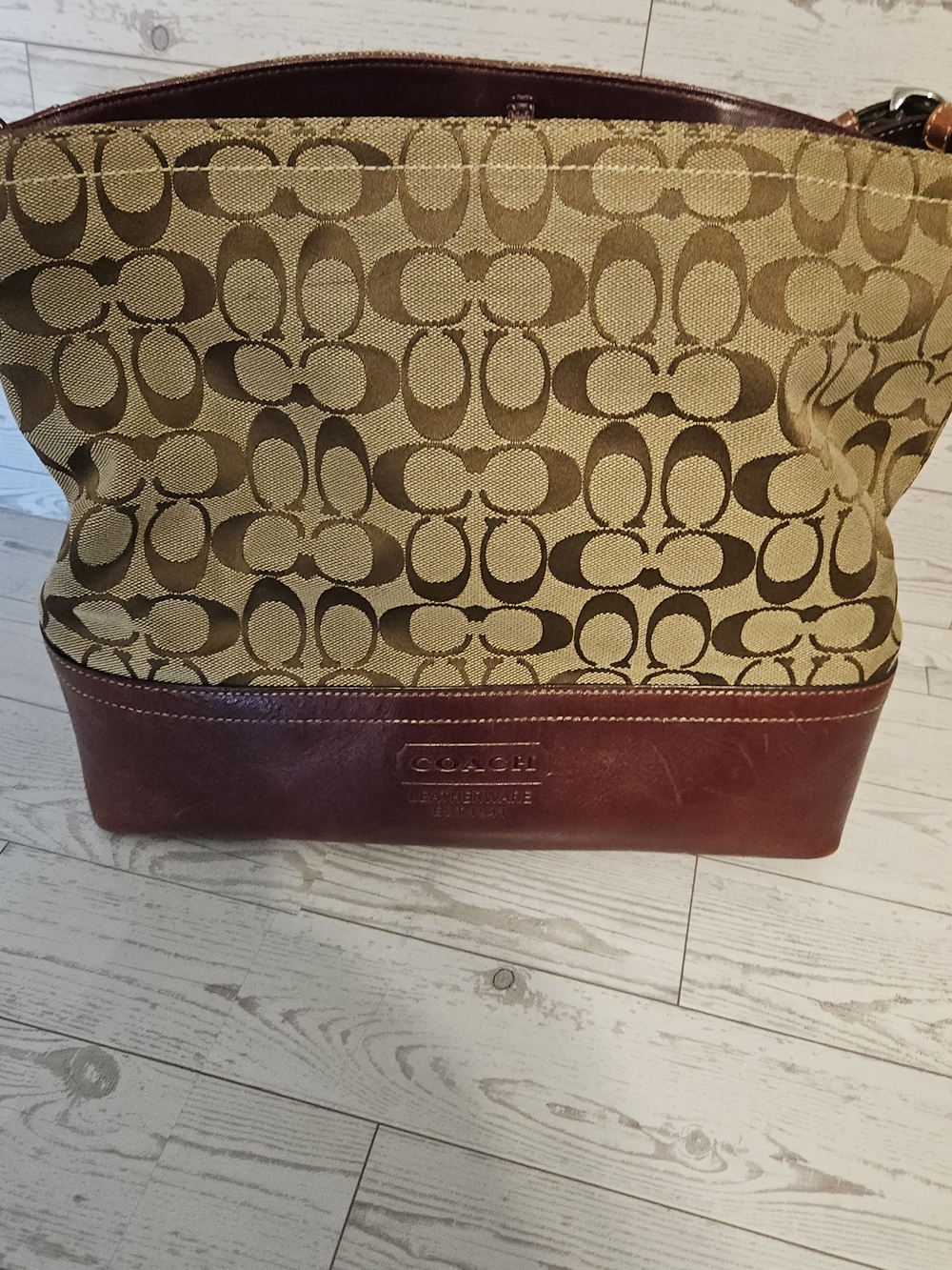 Coach Tan Signature Canvas Duffel with Brown Leather Base